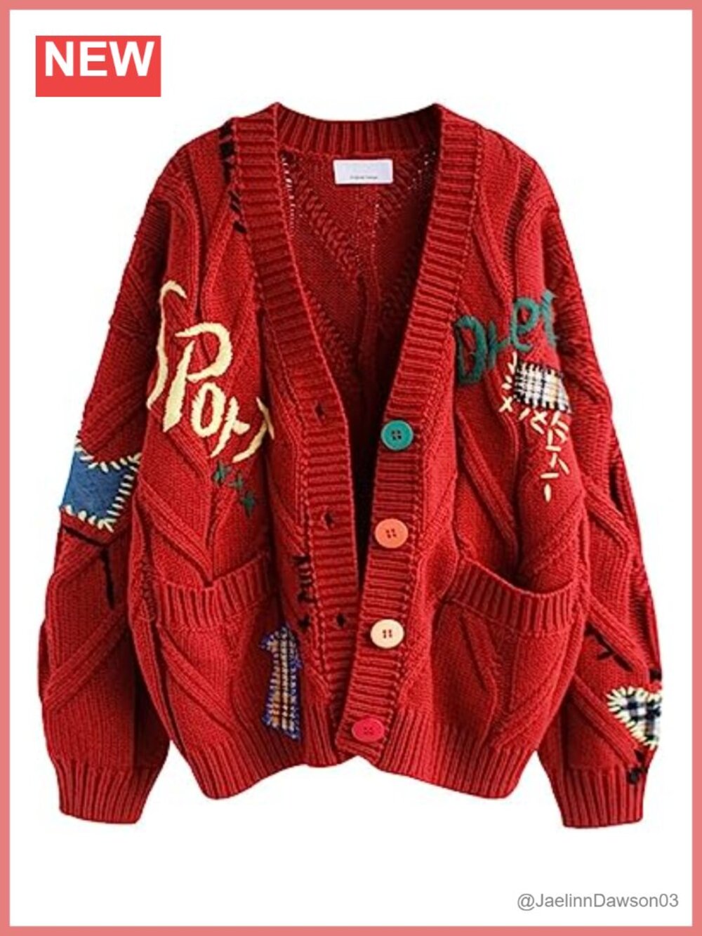 Chunky Cable Knit Cardigan Embroidered Button Down Sweater Jacket